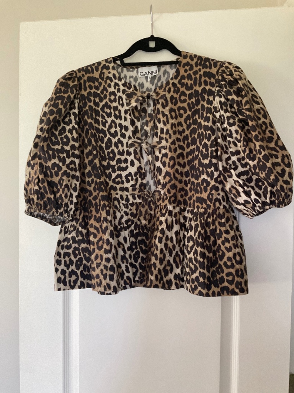 Ganni Leopard Tie Front Cotton Peplum Blouse